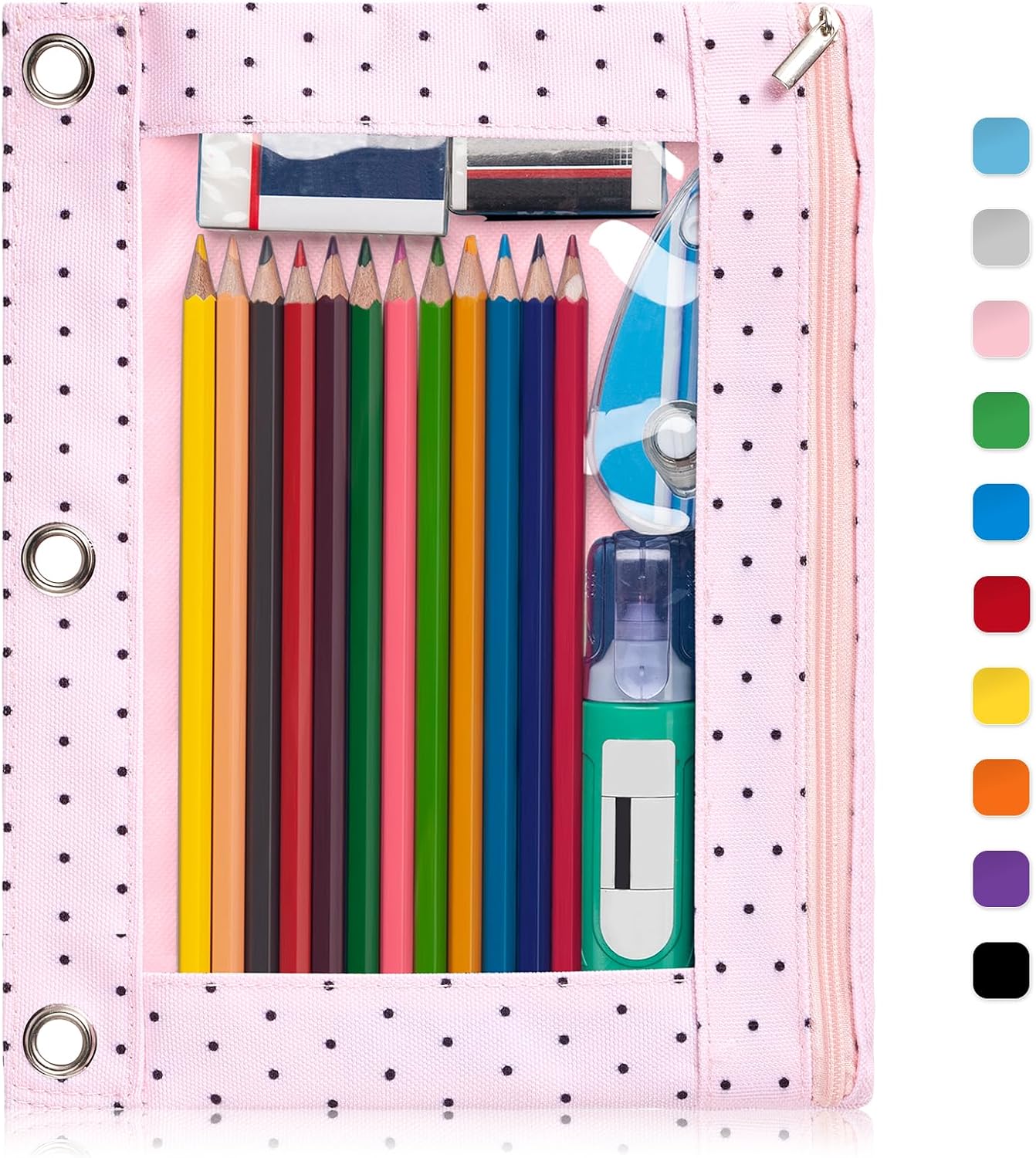 Forvencer Pencil Pouch for 3 Ring Binder, Large Pencil Case Pouch with 3 Reinforced Grommets, Pen Bag, Clear Window Pencil Case, Binder Accessories, Black