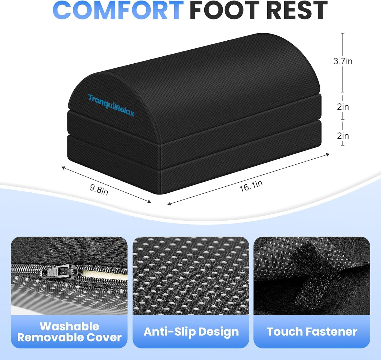 TranquilRelax Foot Rest for Under Desk at Work, Gaming Accessories Foot Stool with 3 Adjustable Heights & Washable Cover, Comfortable Office Desk Accessories, Footrest for Office, Home and Car (Black)