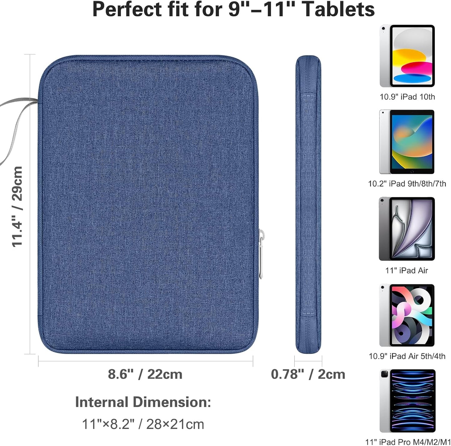 DTTO 9-11 Inch Tablet Sleeve with Handle for iPad 11-inch A16 / Air 11-inch M3 M2, iPad 10th Gen 10.9", iPad 9/8/7th Gen 10.2", iPad Air 5/4th Gen 10.9", iPad Pro 11, Galaxy Tab A9+, Blue