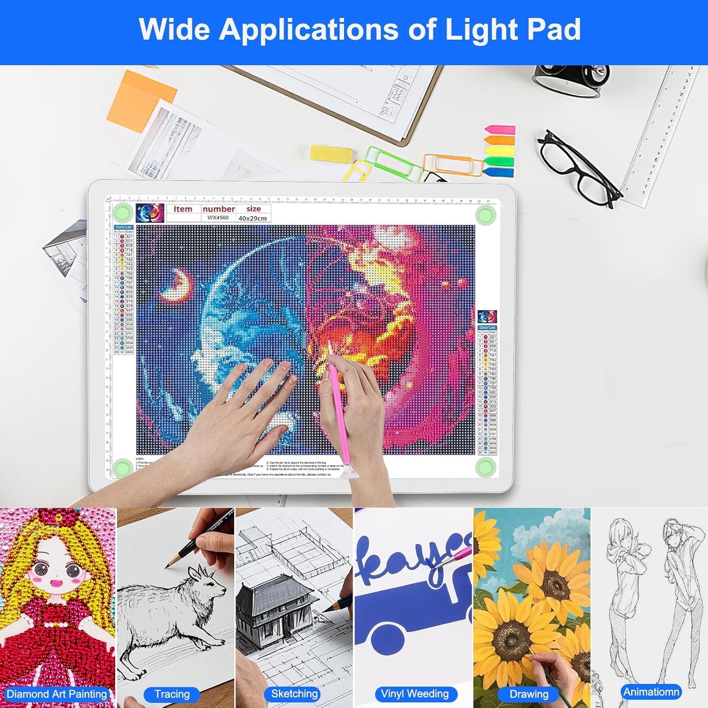 Elice Rechargeable A3 Light Pad for Diamond Painting, Magnetic LED Light Board with Physical Button, Super Bright Diamond Art Light Pad, Ultra-Thin Light Box for Tracing, Weeding Vinyl, Artists -Black