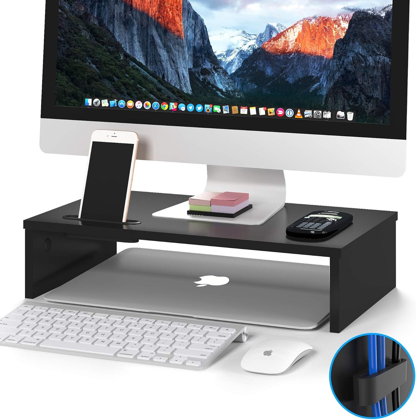 BONTEC Wooden Monitor Stand Riser for Desk, 2-Tier Computer Monitor Stand with Storage, 66 lbs Desk Shelf Organizer, Laptop & Printer Stand with Phone Holder and Cable Management, White, 16.5 Inch