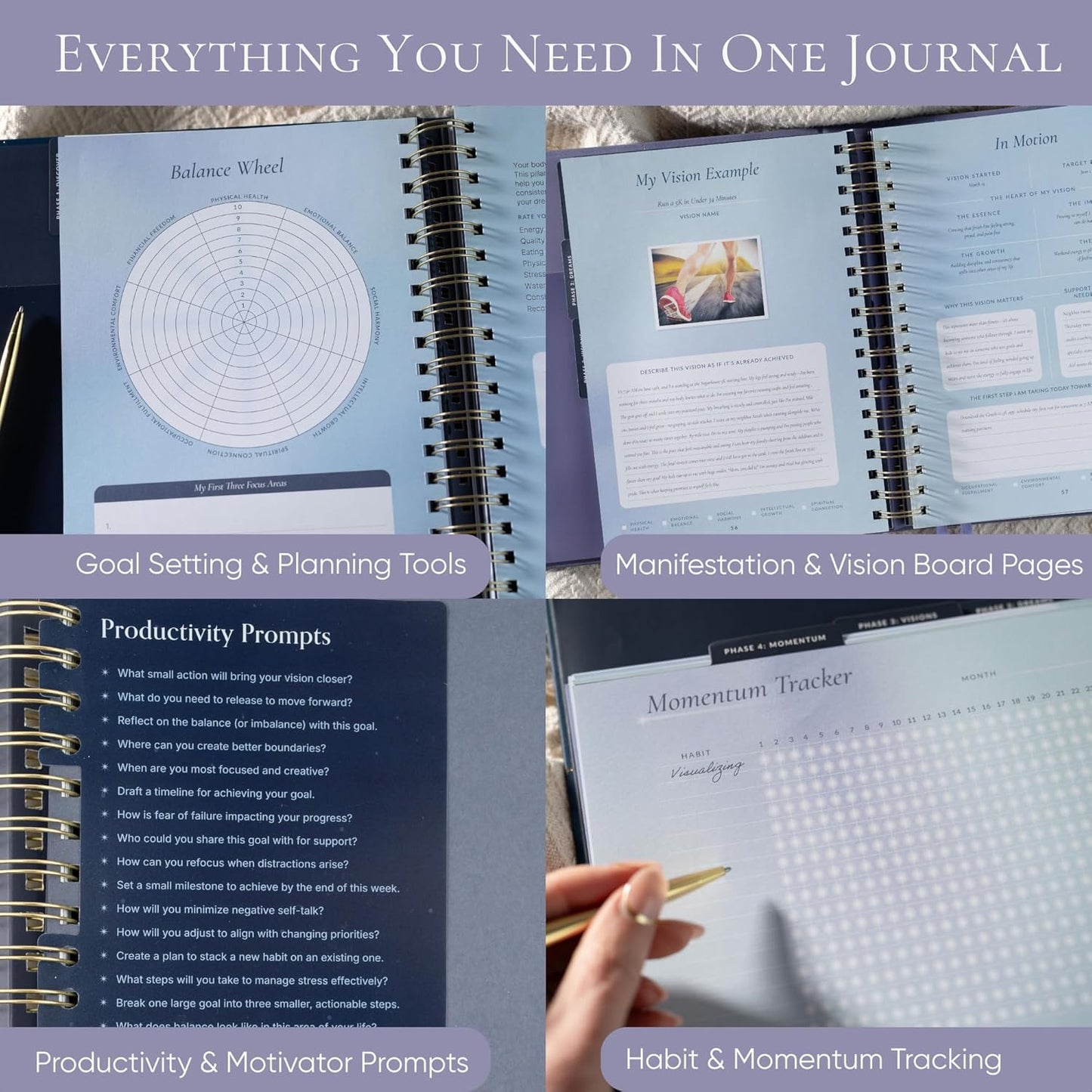 Vision Board Kit & Guided Manifestation Journal | Goal Planner & Habit Tracker, Self Care & Reflection Tools | Undated Vegan Leather Hardcover | Visions in Motion Portable Vision Board