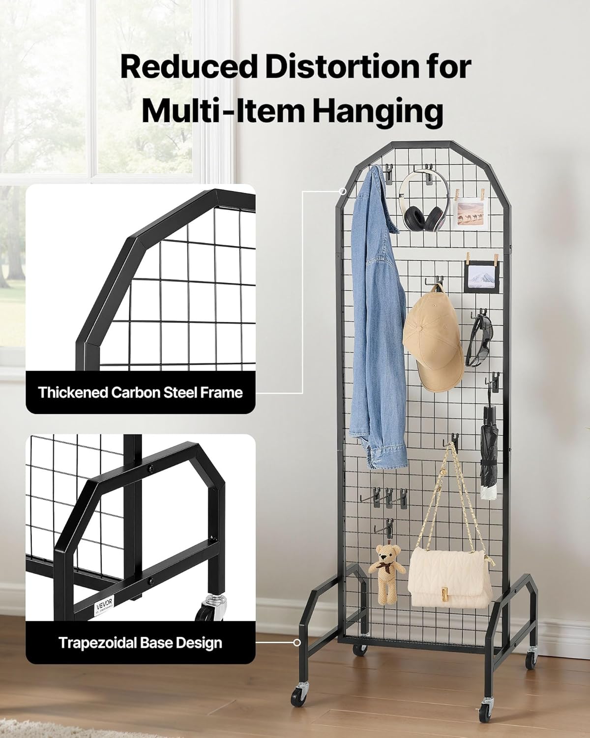 VEVOR 2 Packs Grid Wall Panels, 1.9 x 5.4 ft Wire Grid Panels Display Rack, Movable Art Display Shelf with Wheels and 20 Hooks, Black Carbon Steel Gridwall for Craft Show, Decor, Storage, Notice Board