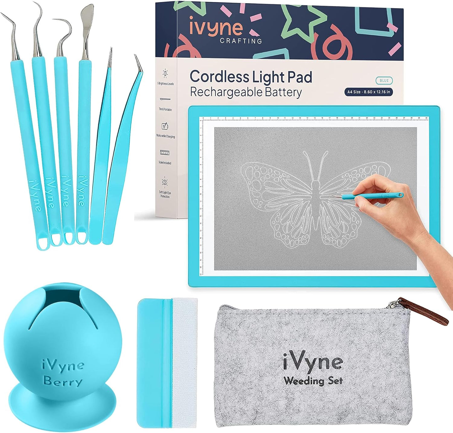 iVyne Complete Set Rechargeable A4 Light Pad, Weeding Tools for Vinyl, Scrap Collector for Cricut and Silhouette Machines for Every Tracing, Drawing Projects (Green)