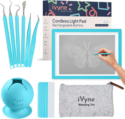 iVyne Complete Set Rechargeable A4 Light Pad, Weeding Tools for Vinyl, Scrap Collector for Cricut and Silhouette Machines for Every Tracing, Drawing Projects (Green)