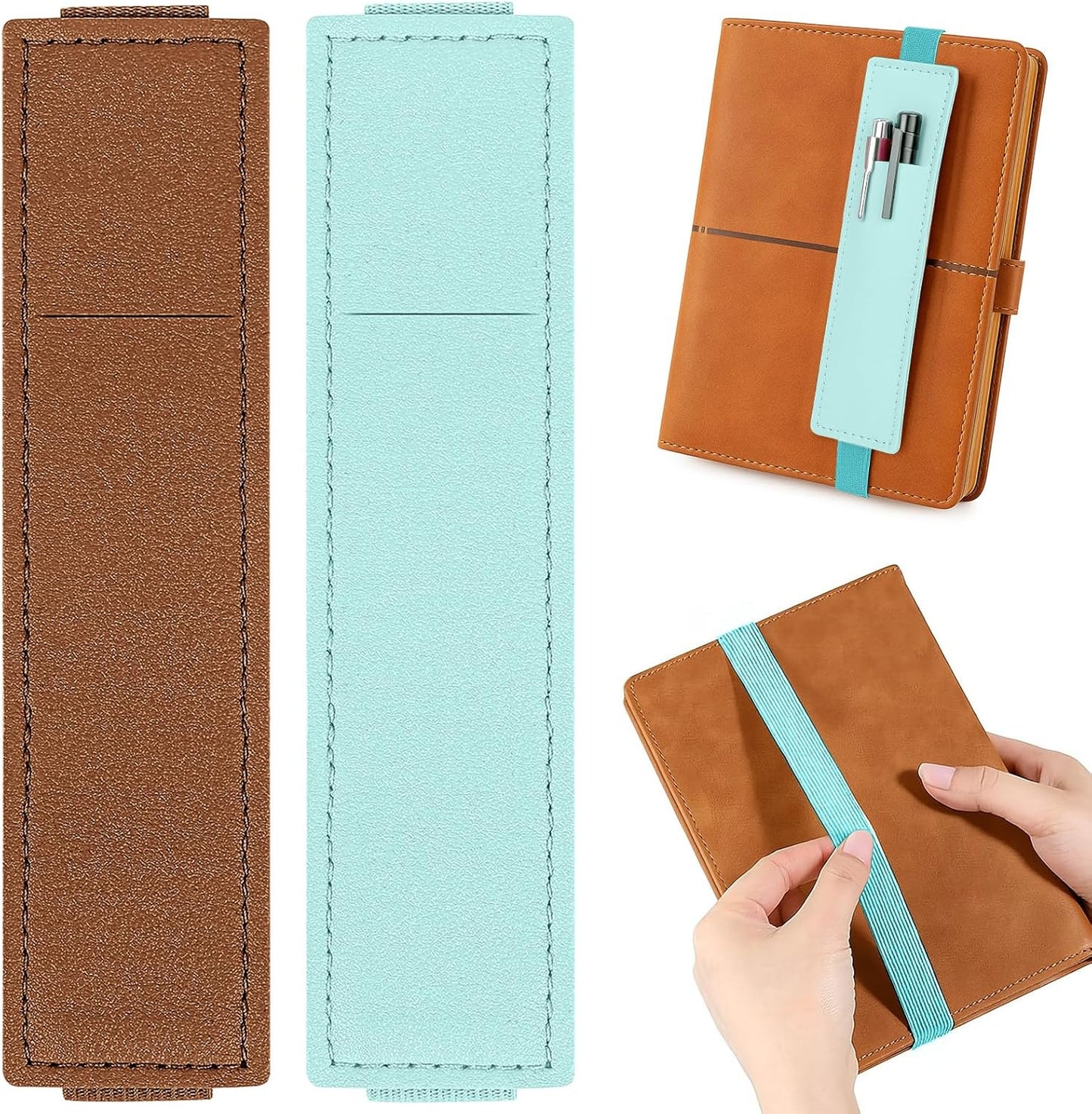 Tokusatsu 2 Pack Adjustable Elastic Pen Holder for Notebook, PU Leather Pencil Pouch with Stretchable Band, Fits Journals, Binders, Planners, Books, Portable Pen Sleeve Pouch, Off-White