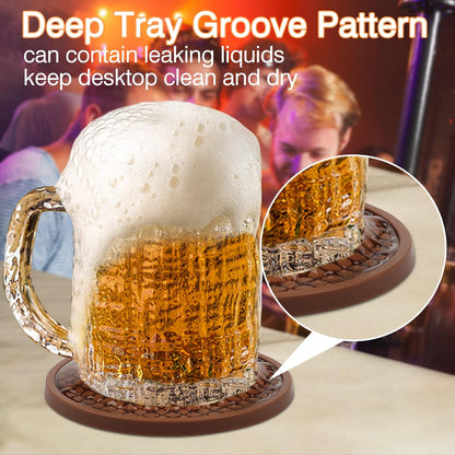 2 Pack Silicone Coasters for Drinks, Round Black Coaster with Deep Tray Grooved Design Cup Mat, Washable Heat Resistant Durable Non-Slip Coasters for Coffee Table Wooden Desk Kitchen Bar