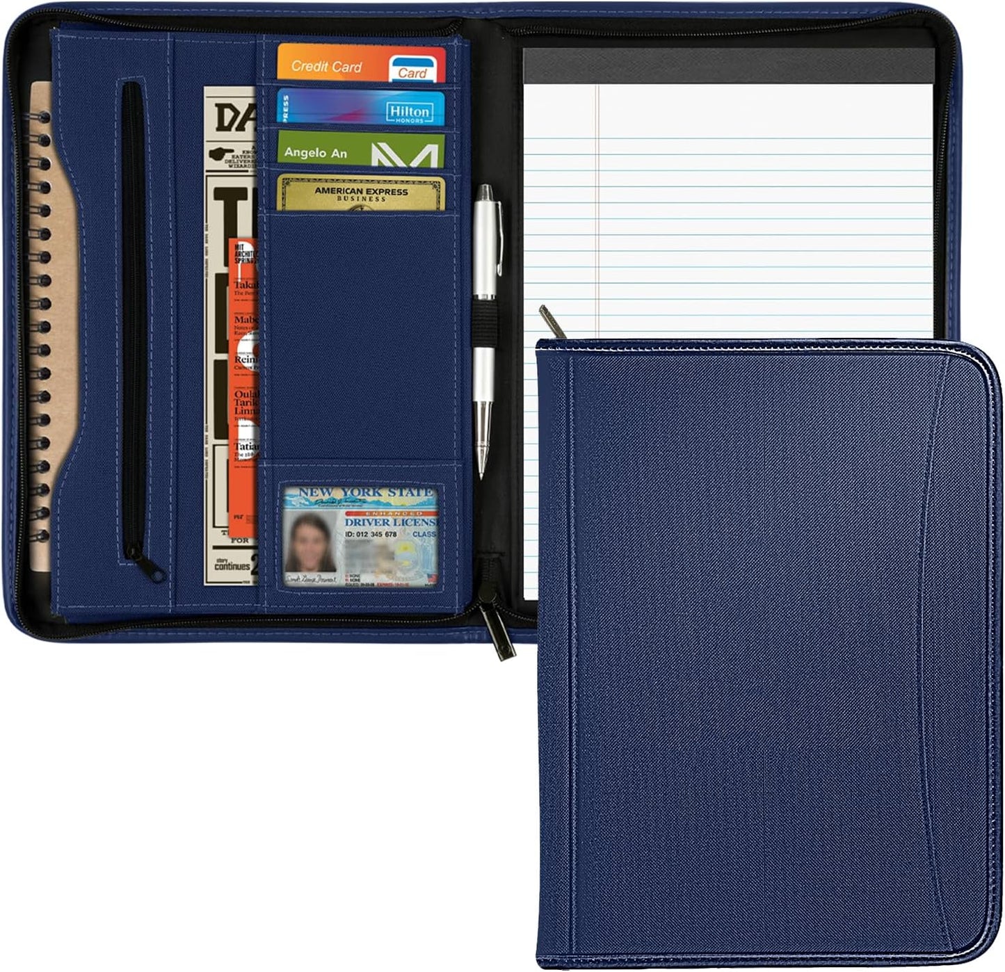 Zippered Portfolio Organizer/ A4 Refillable Lined Writing Notepad Folder Case/Fabric-Covered Padfolio Binder with Interior Storage Pocket for Men Women.Classic Black