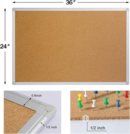 Bulletin Board 36 x 48, Silver Aluminium Framed 4x3 Large Wall Mounted Cork Office Notice Pin Board