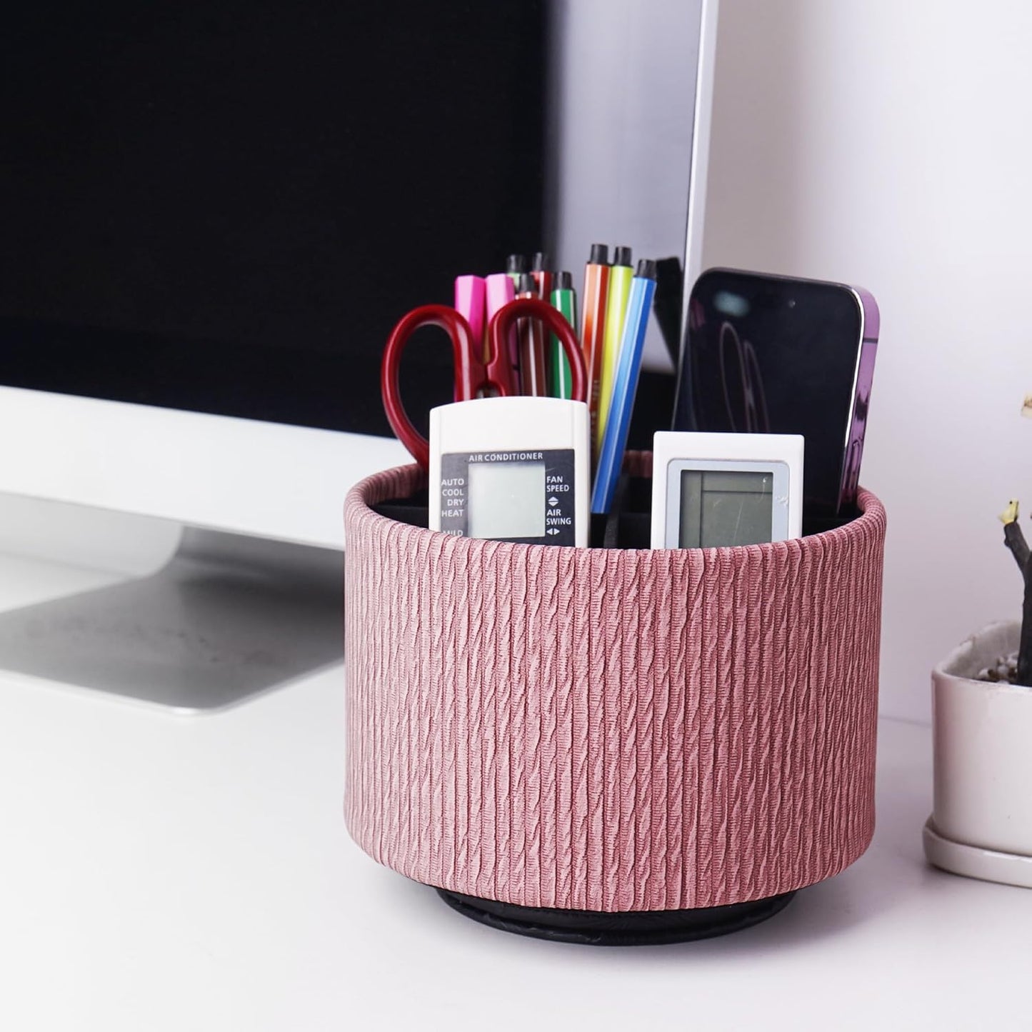 Round Leather Art Supply Organizer,Remote Control Holder,360 Degree Rotating,Multi-Functional Pencil Holder,4 Compartments Desktop Stationary Organizer(1-Fractal Flower) | Round - Colors A