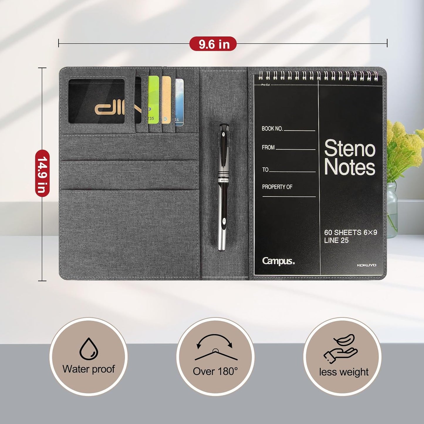 Journal Cover for Rocketbook Flip | 6"x9" Steno Pad Holder & Top Spiral Notebook Cover | Waterproof Folio with Pen Loop & File Pocket for A5, Executive Size Notebooks (Black)