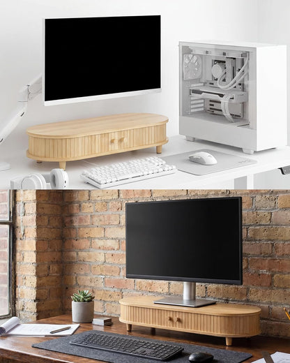Bamboo Monitor Stand with Storage, Curved Computer Laptop Stand Desk Shelf Organizer with Sliding Doors (25 inch)