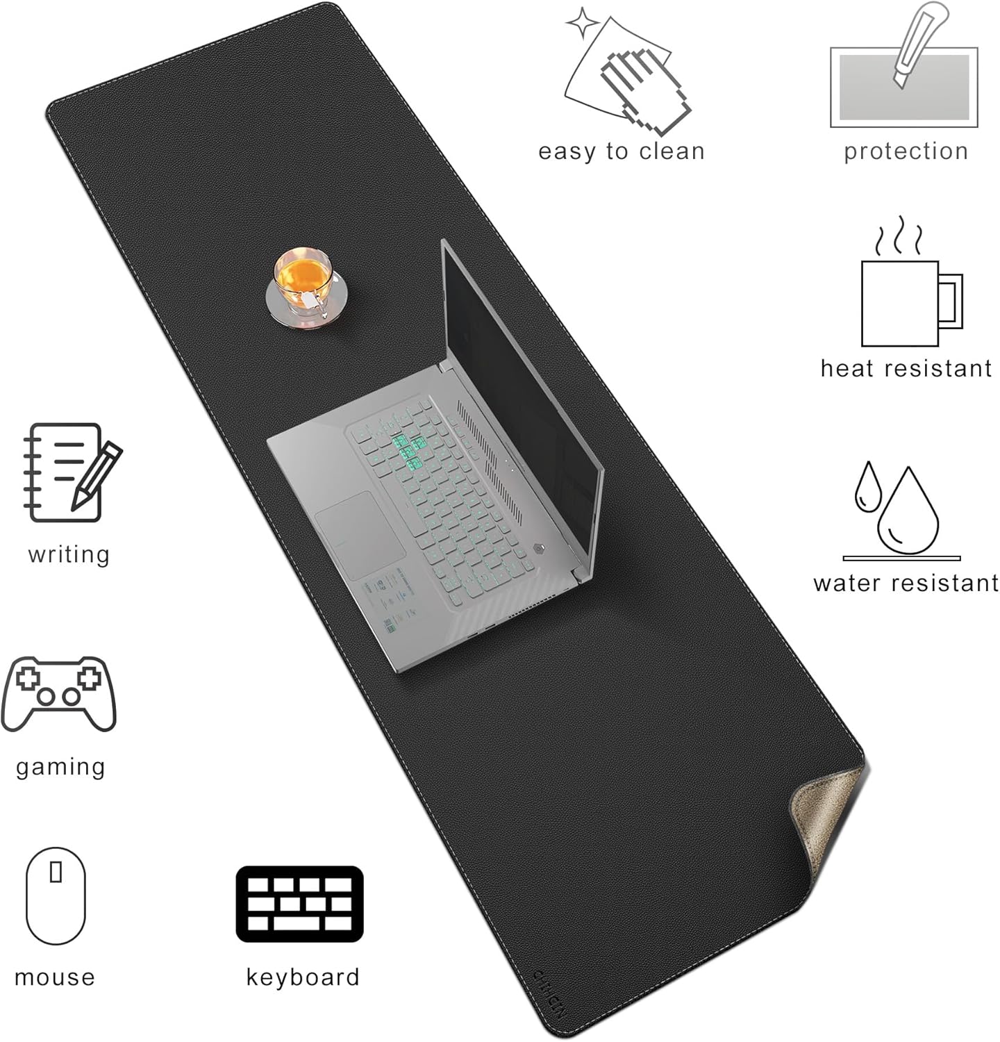 Chihein 2XL 35" x 16" Cork & PU Leather Desk Mat, Dual Sided Desk Pad Protector, Waterproof Writing Blotter for Gaming, Office, Home (Black)