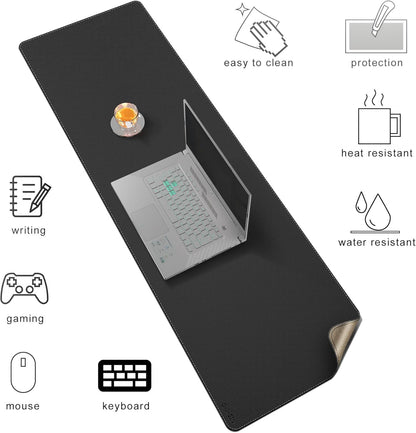 Chihein 2XL 35" x 16" Cork & PU Leather Desk Mat, Dual Sided Desk Pad Protector, Waterproof Writing Blotter for Gaming, Office, Home (Black)