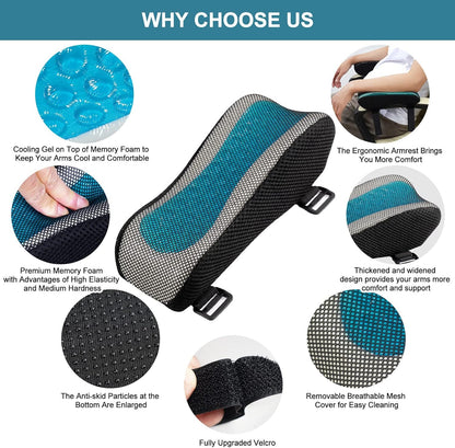 Office Chair Armrest Pads, Cooling Gel Computer Chair Arm Pads, Memory Foam Ergonomic Armrest Cushion for Gaming (2 Pack)