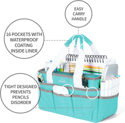 JJRING Craft Organizer Tote Bag for Art Storage, Caddy with Multiple Pockets, Bluish Green Sewing Bag for Scrapbooking, School, Medical, and Office Supplies