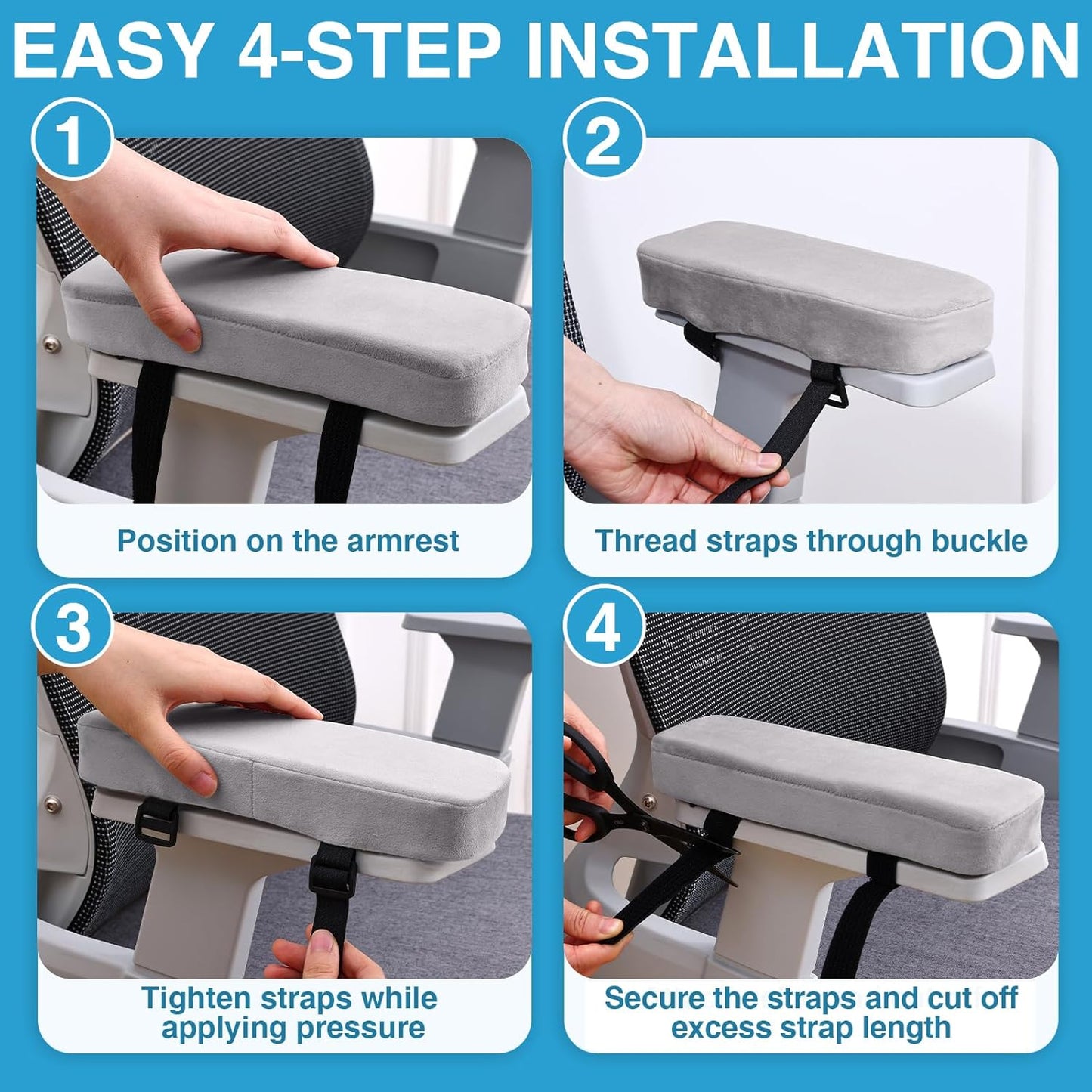 Smiry Ergonomic Office Chair Armrest Pads, Memory Foam Arm Rest Covers, Non-Slip Armrest Cushion with Adjustable Buckles and Straps, Elbow Relief for Desk, Gaming & Wheelchair (Black, Set of 2)