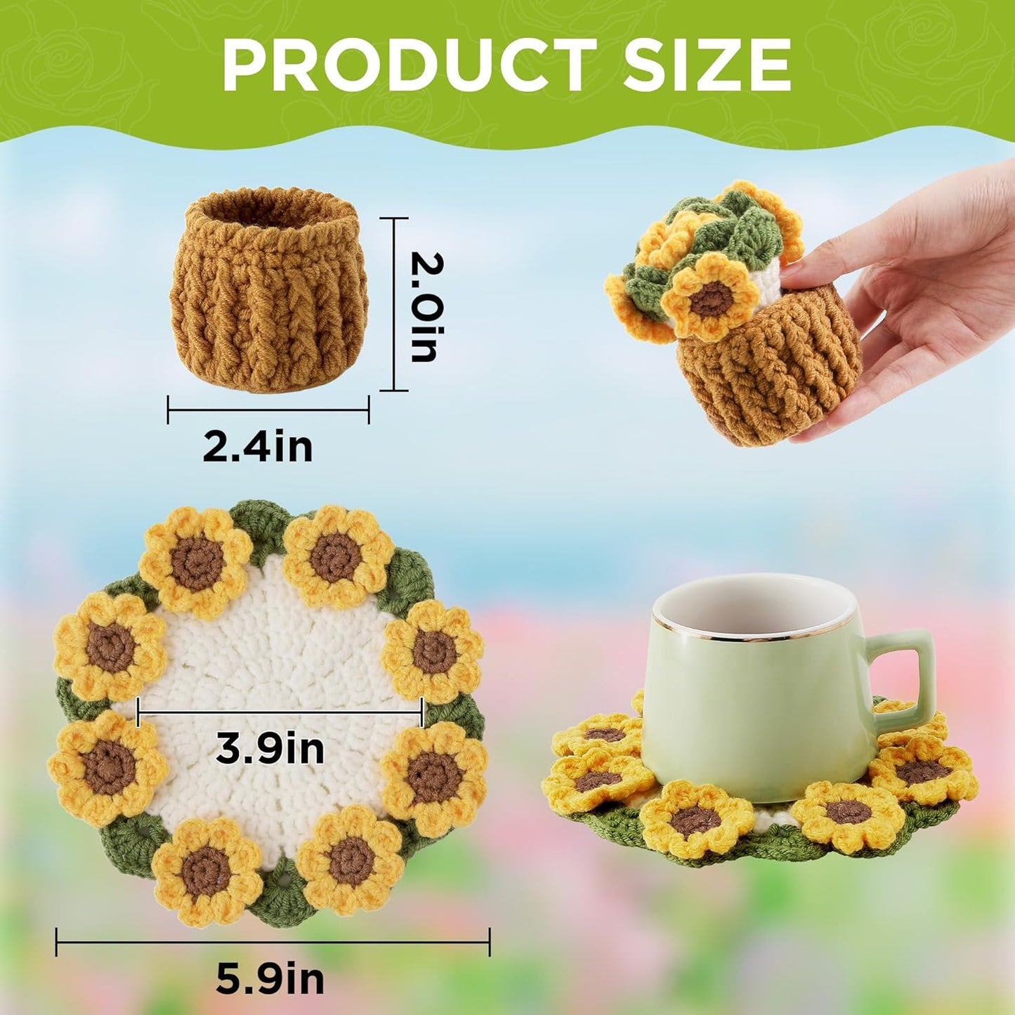 Flower Crochet Coasters, Handmade Bouquet Blanket Coaster with Crochet Plant Pot Fun Soft Decorative Drink Coasters for Coffee Tabletop Protection and Home Decor (Pink, 1Pc)