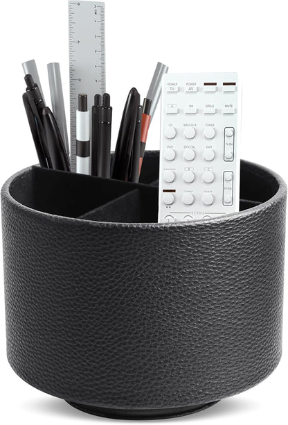 Round Leather Art Supply Organizer,Remote Control Holder,360 Degree Rotating,Multi-Functional Pencil Holder,4 Compartments Desktop Stationary Organizer(1-Fractal Flower) | Round - Colors C