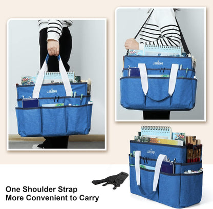 JJRING Craft Organizer Tote Bag for Art Storage, Caddy with Multiple Pockets, Bluish Green Sewing Bag for Scrapbooking, School, Medical, and Office Supplies