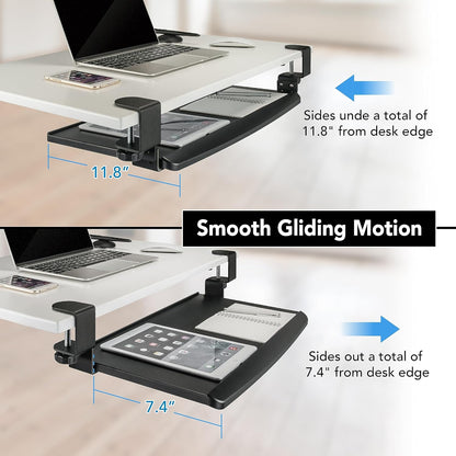 EHO Large Ergonomic C-Clamp Keyboard Tray Mount Under Desk with Wrist Rest, Slide-Out Platform 27.5" (31.8" Including Clamps) x 12.5", Pull Out Keyboard & Mouse Tray for Home or Office, Black