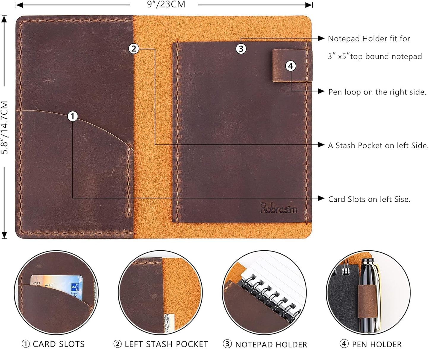Robrasim Top Bound 3"x5" Memo Notebook Covers, Genuine Leather Cover for 3x5 Top-Spiral Notebook, Memo Book Cover Note Pad Holder Cover Only, Brown