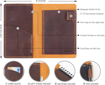 Robrasim Top Bound 3"x5" Memo Notebook Covers, Genuine Leather Cover for 3x5 Top-Spiral Notebook, Memo Book Cover Note Pad Holder Cover Only, Brown