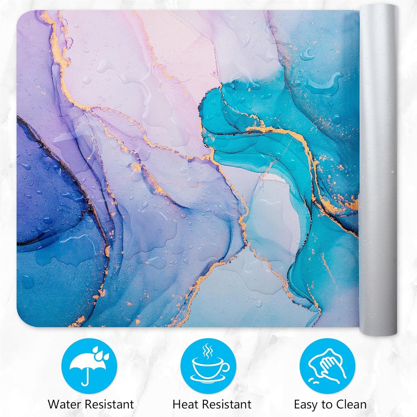 Dual-Sided Desk Pad, Large Mouse Pad - Natural Cork & PU Leather Non-Slip Waterproof Desk Mats for Office and Home (Blue, 31.5" x 15.7")
