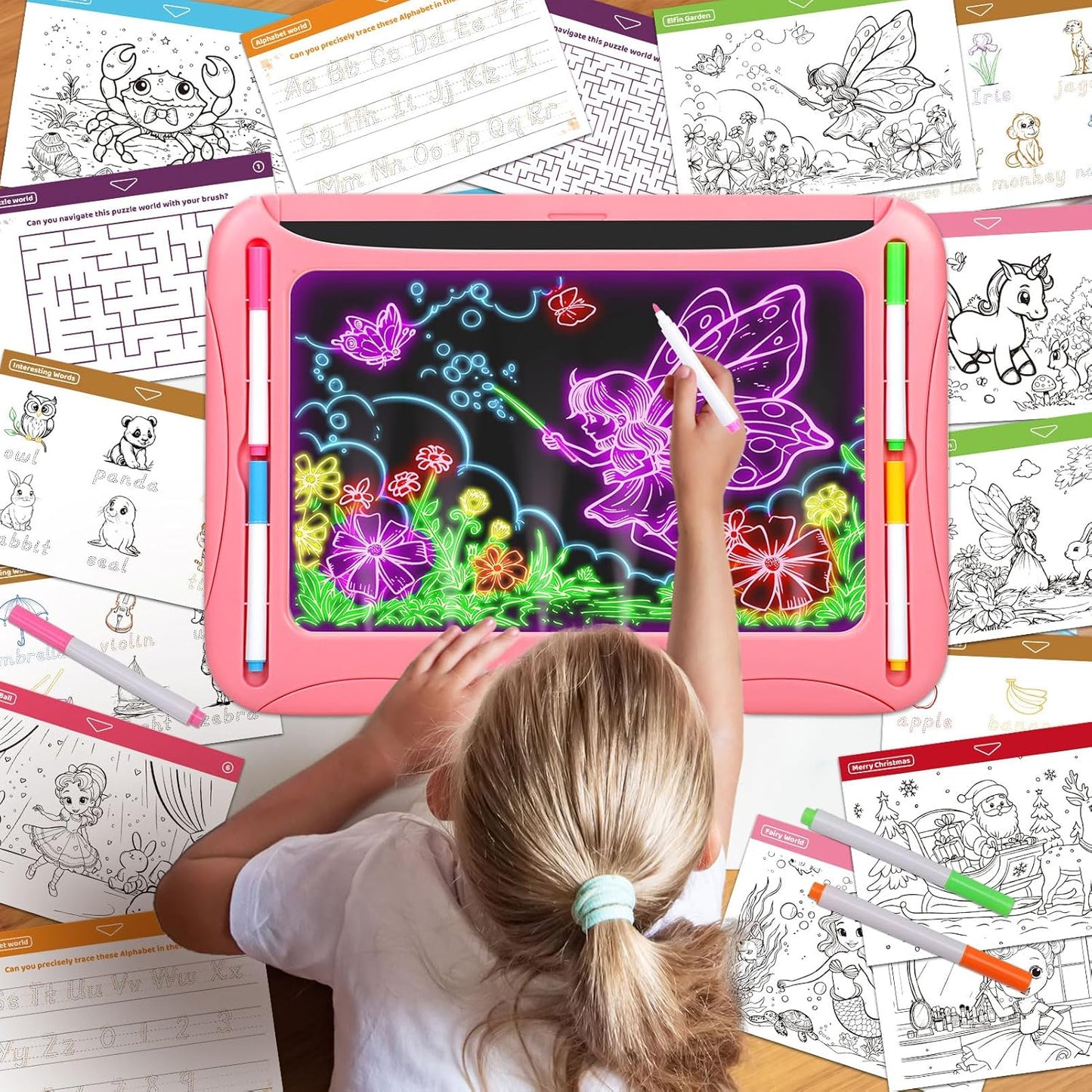 LED Drawing Board, Magic Kids Toys for Boys 4-6, Christmas Birthday Gifts, Light Up Tracing Pad, 9 Double-Sided Cards, 6 Markers, Glow in The Dark Doodle Writing Tablet, Learning Toy Arts Crafts Kits