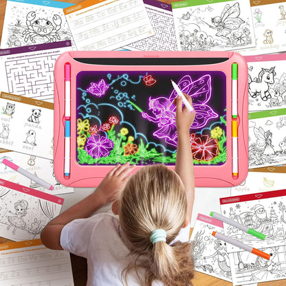 LED Drawing Board, Magic Kids Toys for Boys 4-6, Christmas Birthday Gifts, Light Up Tracing Pad, 9 Double-Sided Cards, 6 Markers, Glow in The Dark Doodle Writing Tablet, Learning Toy Arts Crafts Kits