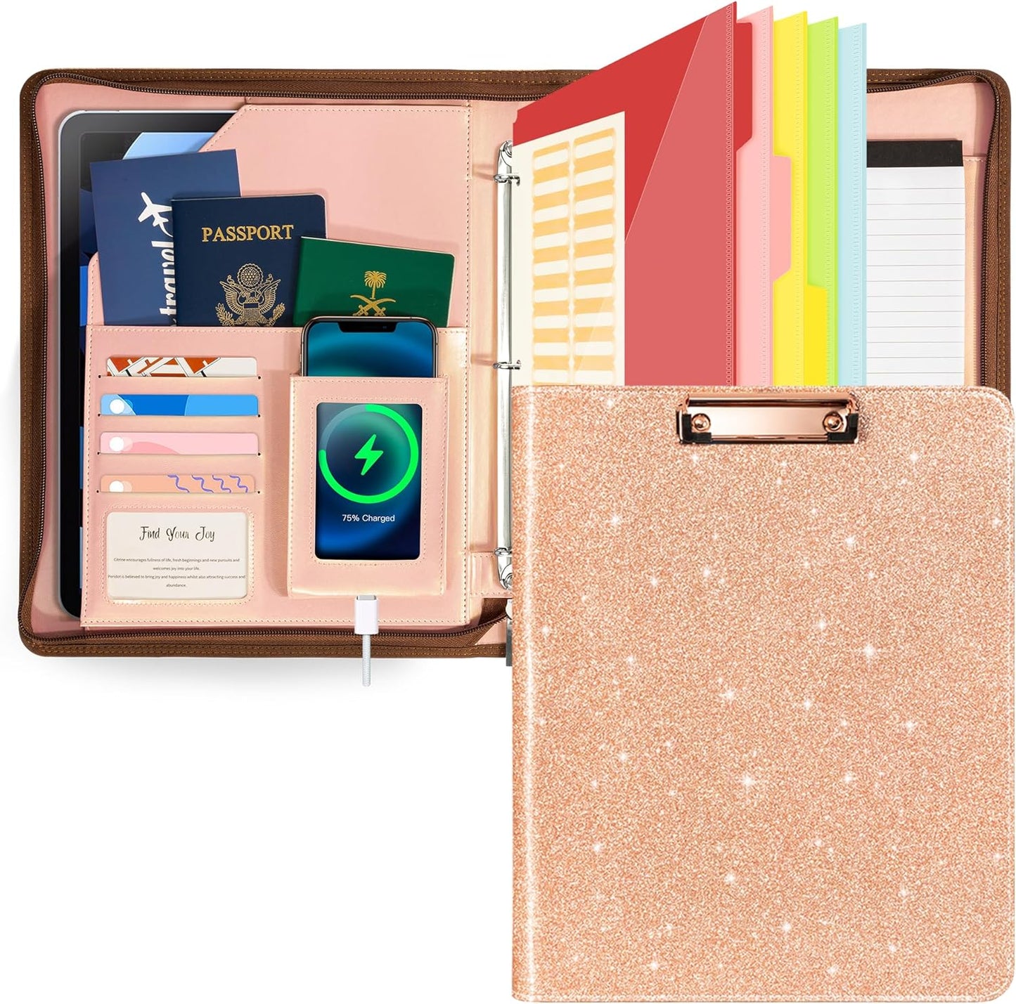 Ospelelf Zippered Padfolio Organizer, Faux Leather 3 Ring Binder with Clipboard, Letter Size Business Portfolio with Notepad, Tablet Sleeve & Phone Pockets for Office Work Brown