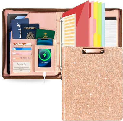 Ospelelf Zippered Padfolio Organizer, Faux Leather 3 Ring Binder with Clipboard, Letter Size Business Portfolio with Notepad, Tablet Sleeve & Phone Pockets for Office Work Brown
