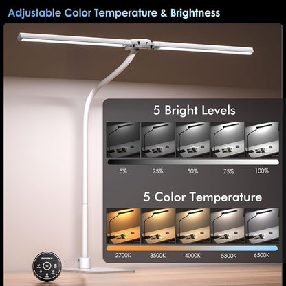 EYOCEAN Desk Lamp with Clamp, 31.5" LED Desk Lamp for Home Office, 24W Double Head Desk Light, Dimmable & Color Temperature, Table Lamp with Remote Control, Brightest Computer Monitor Light