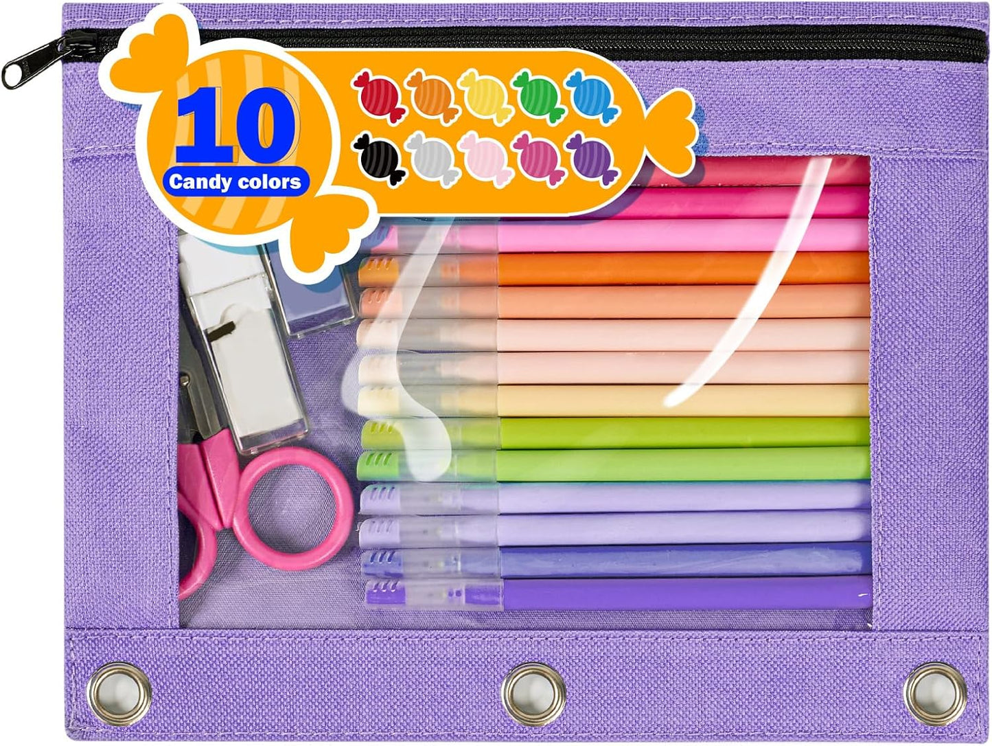 Forvencer Pencil Pouch for 3 Ring Binder, Large Pencil Case Pouch with 3 Reinforced Grommets, Pen Bag, Clear Window Pencil Case, Binder Accessories, Black