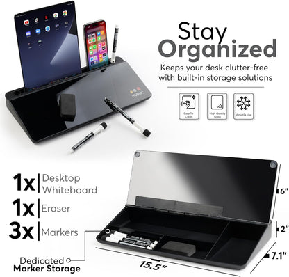 HURUC Small Glass Desktop Whiteboard with Storage,15.3"x7.08"x2.16" inch Desktop Dry Erase Board with Markers & Duster, Desk White Board Buddy Organizer for Home, Office, School (Black)
