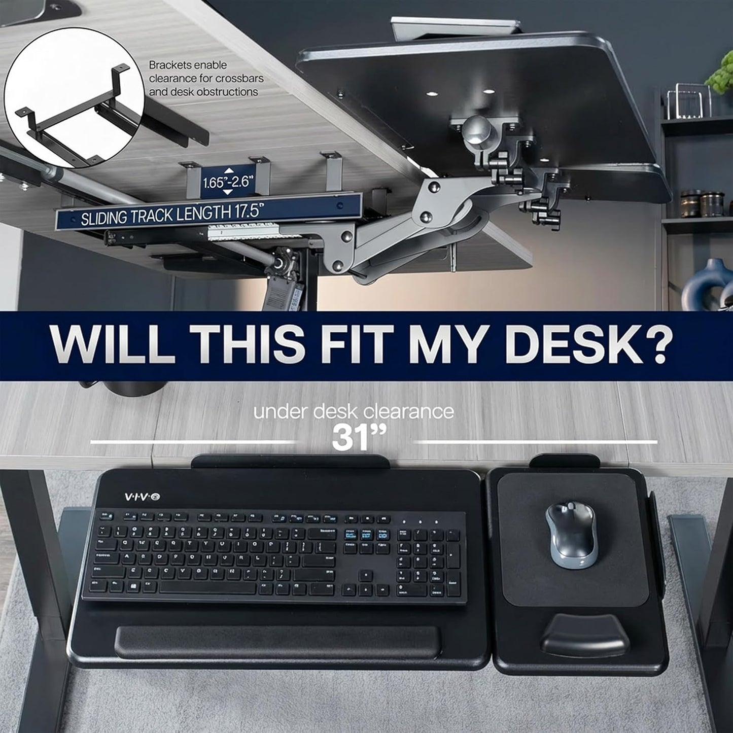 VIVO Adjustable 27 x 12 inch Under Desk Keyboard Tray with 2-Part Tilting Design, Ergonomic Under Table Mount with Padding, Black, Mount-KBTM1