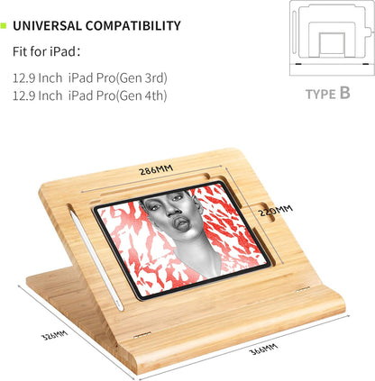 ELETIUO Tablet Stand Holder Adjustable Foldable,Multi-Angle Bamboo Wooden Organizer Desktop Holder for iPad,Stable for Drawing,Watching,Typing (Support Multiple Devices)