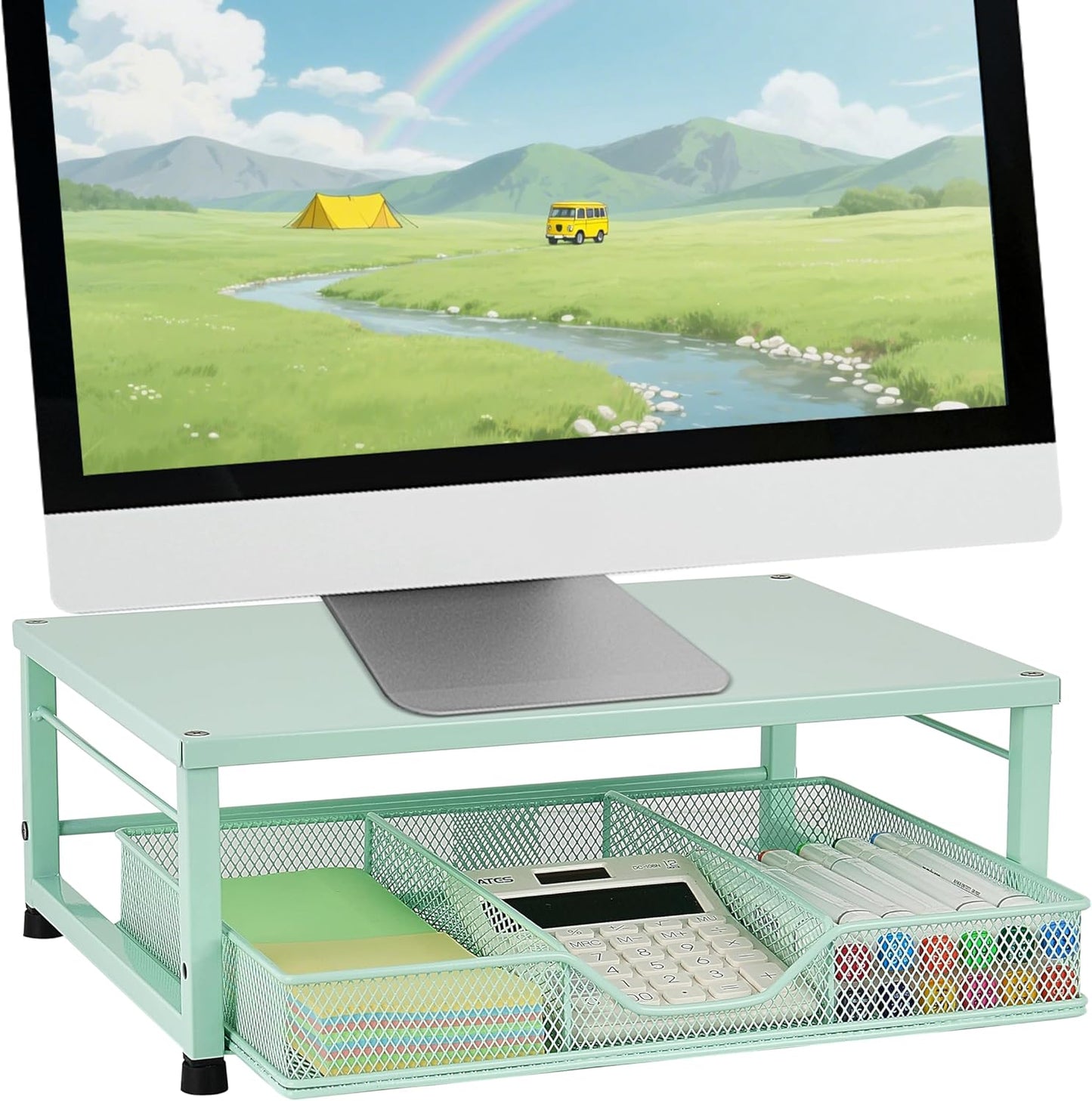 Wood Metal Monitor Stand Riser, Laptop Stand for Desk, Office Desk Organizer and Accessories, Computer Desktop Shelf with Drawer and Pen Holder, Printer Stand for Home, Office, Dorm (Natural Wood)