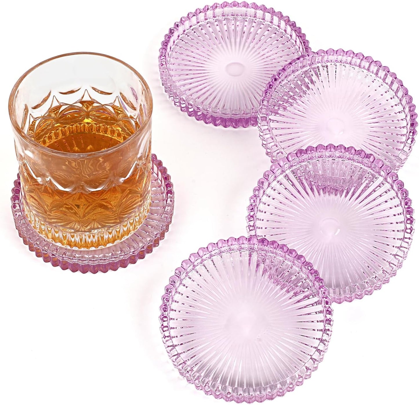 Modern Clear Coasters Set of 5- Glass Cute Coasters for Drinks Crystal Coaster Round Chic Cup Mat Cute Coffee Table Coaster for Kitchen, Bar, Dining Room, Living Room, Patio(Amber)
