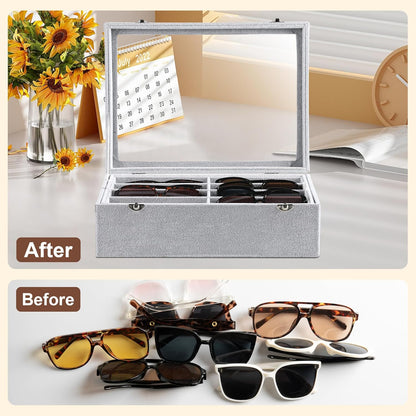Frebeauty 16 Slots Sunglasses Organizer,2 Layer Velvet Sunglasses Tray with Glass Lid,Multiple Pairs Sunglass Display Case for Man or Woman,13.7 * 10.25 * 4.1 Inches Eyeglass/Eyewear Box (Beige)