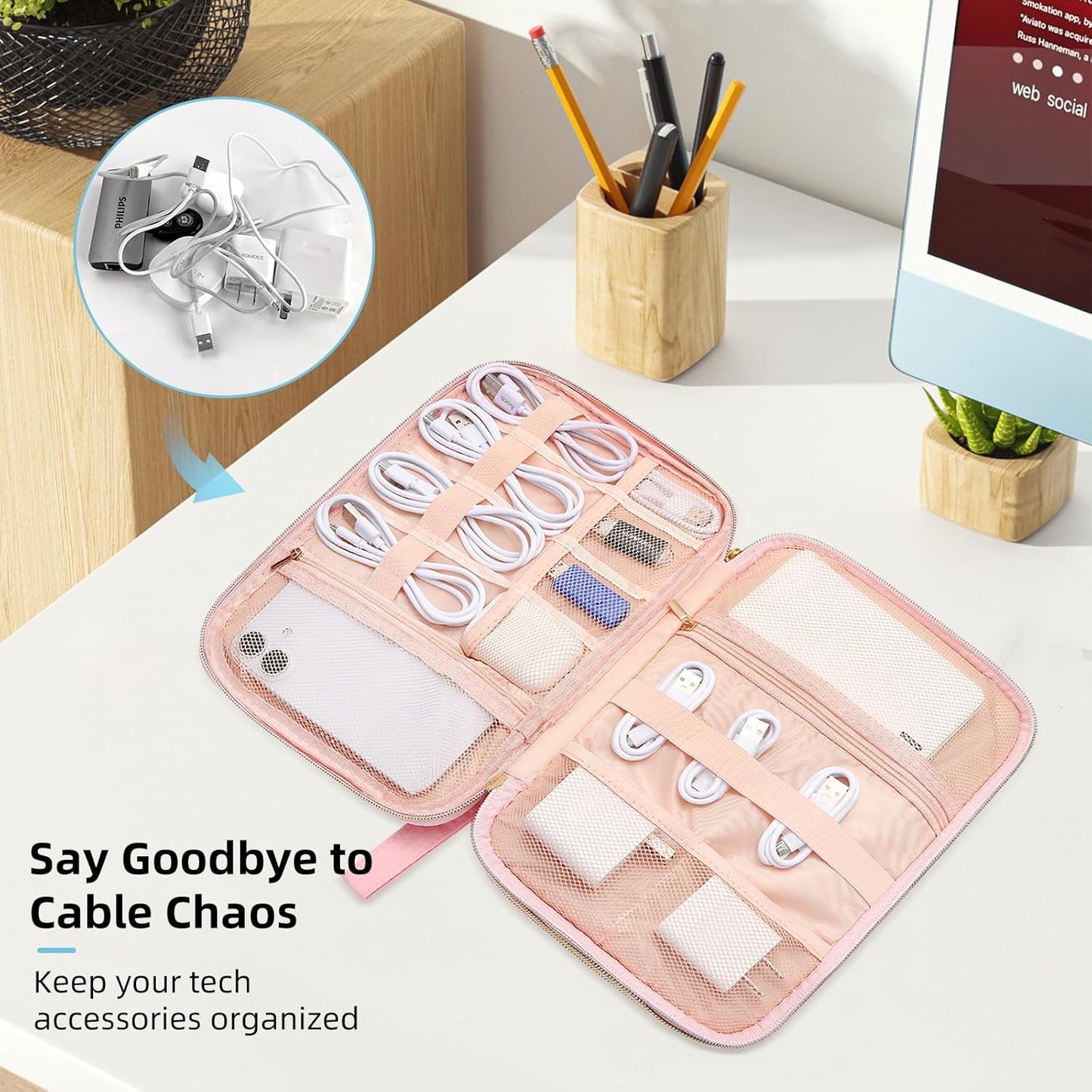 Electronics Organizer Travel Case, Charger Bag Cord Organizer Travel, Compact Tech Pouch Cable Organizer Bag for Charger, Cords, Phone, Headphones, Flash Drive, SD Card (Pink, Small-Double Layer)