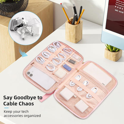 Electronics Organizer Travel Case, Charger Bag Cord Organizer Travel, Compact Tech Pouch Cable Organizer Bag for Charger, Cords, Phone, Headphones, Flash Drive, SD Card (Pink, Small-Double Layer)