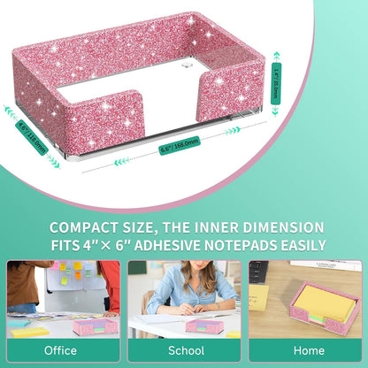 Sticky Note Holder, Glitter Pink Acrylic Notepad Holder 3x3 in Self-Stick Note Dispenser Office Desk Accessories, Memo Pad Holder Organizer for Classroom School Supplies