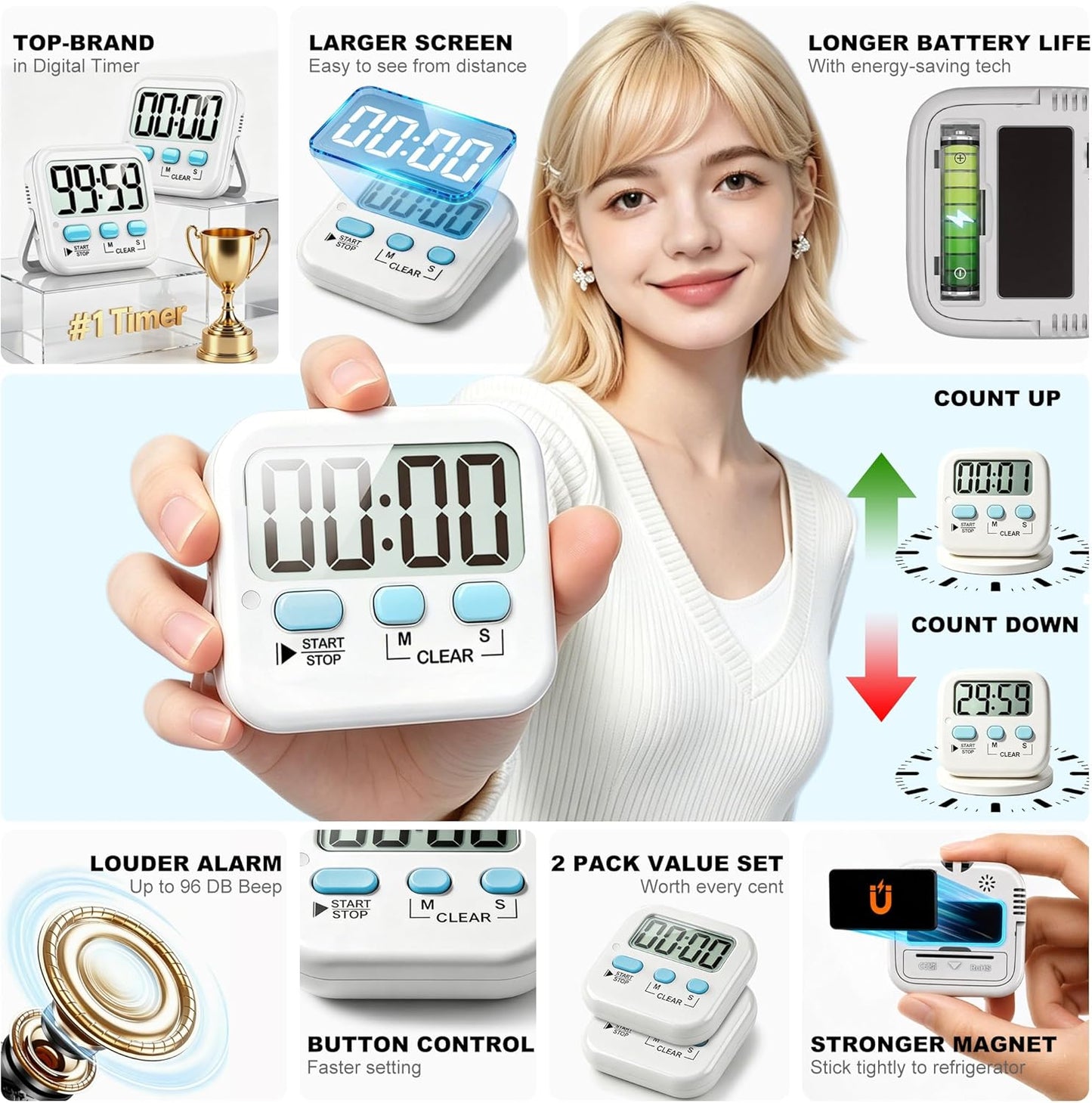 Antonki 2 Pack Digital Timer for Kids, Magnetic Countdown Kitchen Timers for Cooking, Egg, Classroom, Teacher, Exercise, Study, Oven - Battery Included