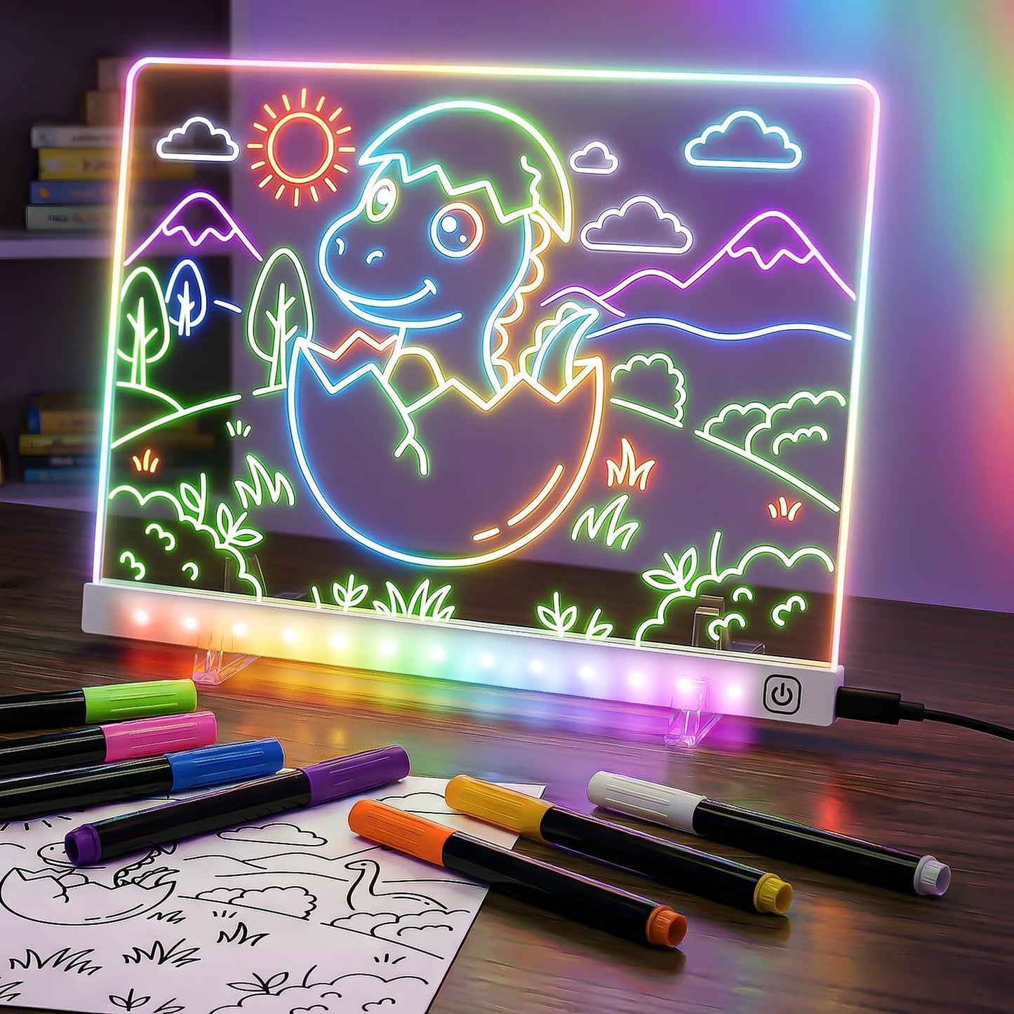 LED Drawing Board with 7 Colors & 3 Light Modes - Glow Doodle Board, Includes 7 Markers + Tracing Book, Dry Erase Note Boards, Halloween Christmas Birthday Gifts for Kids (7.9"x11.8")