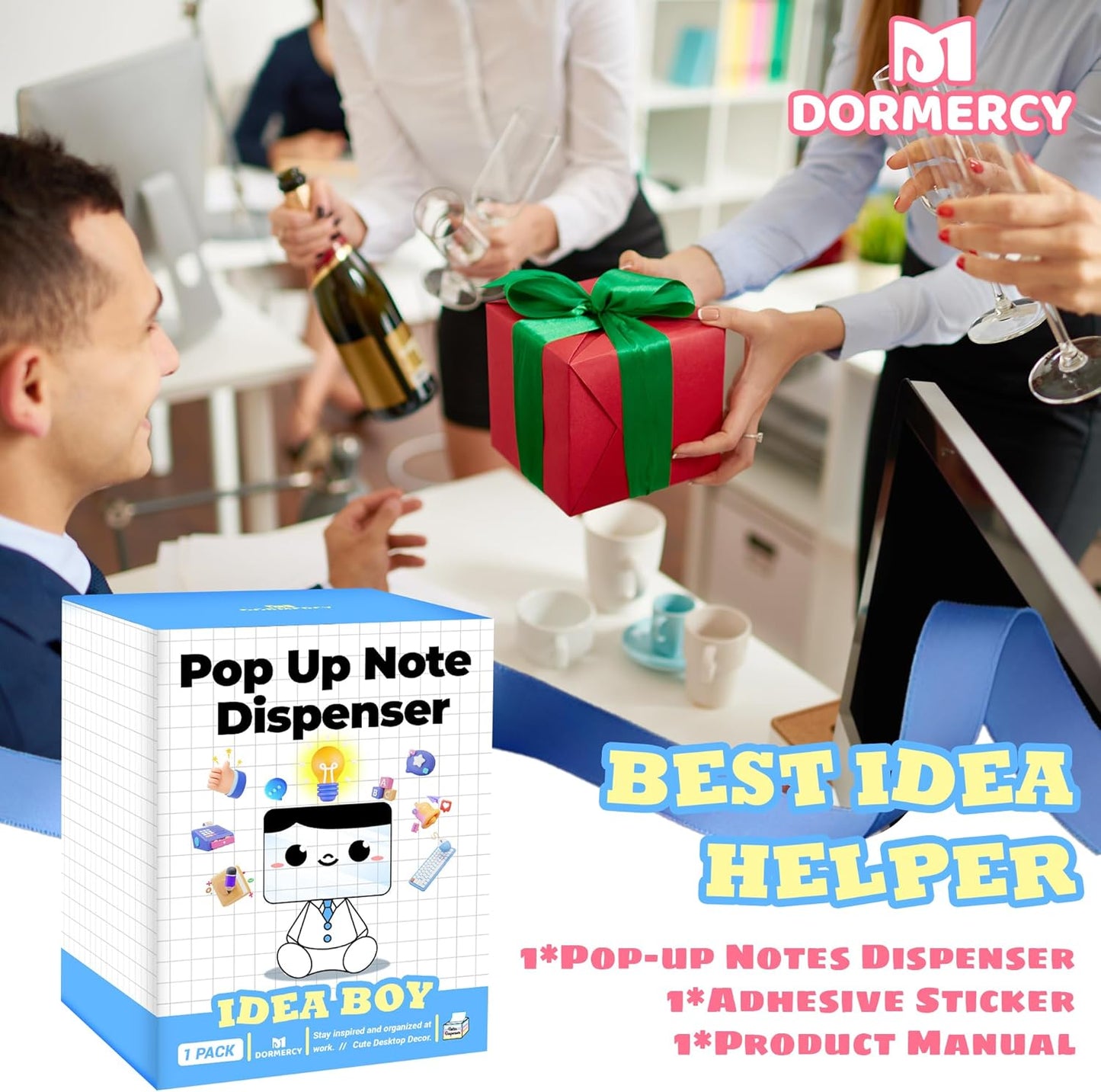 Pop-up Notes Dispenser for Desk, Idea Boy Sticky Note Holder for Office School, Cute Office Supplies, 3x3 in, Magnetic Design, White, 1 Pack