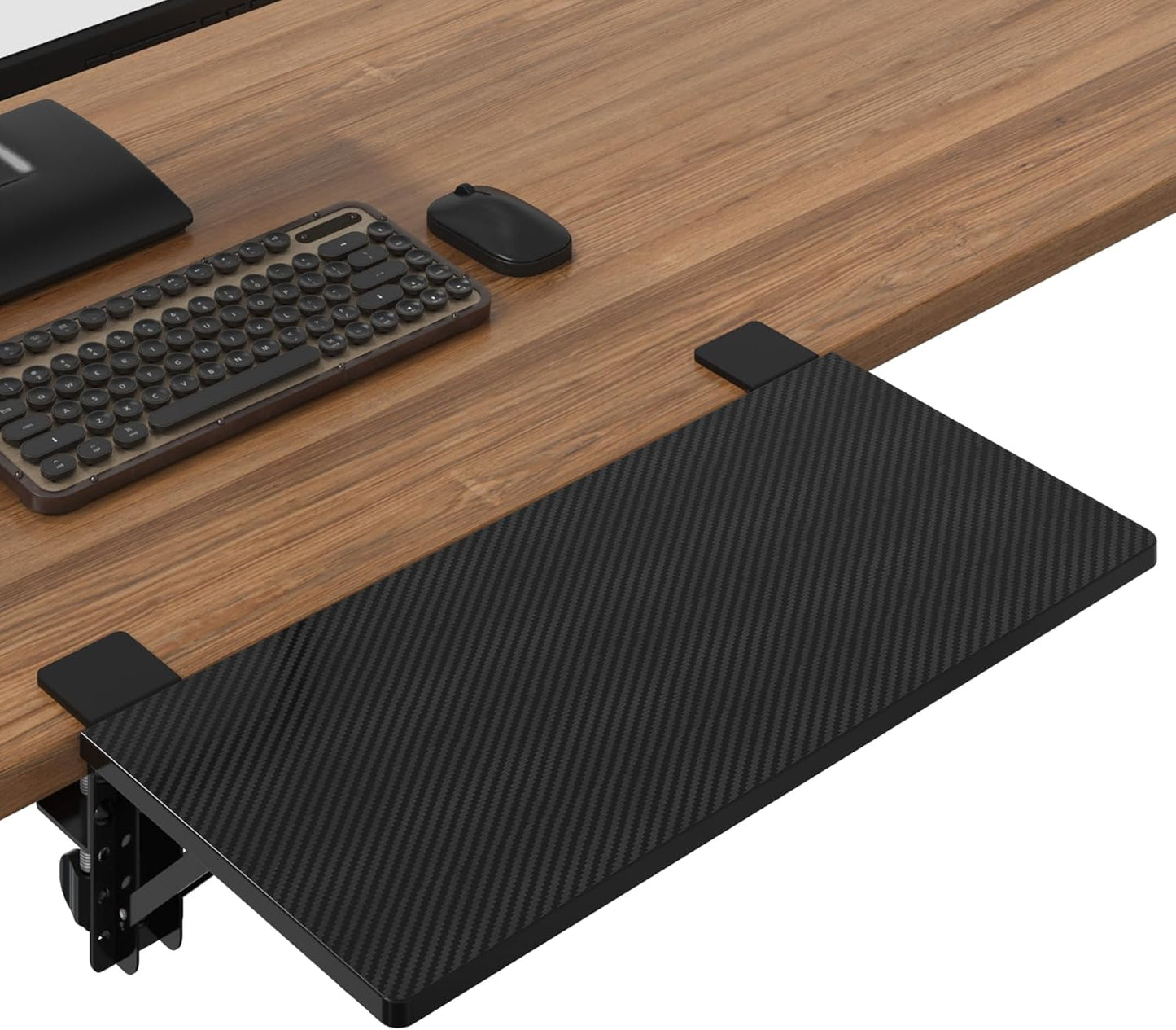 BONTEC Desk Extender Tray, 11.8"x5.9" Table Mount Arm Wrist Rest Shelf, 90°Foldable Elbow Support, Clamp on Computer Arm Rest for Desk, Office & Home Use, Durable & Easy to Install, Black Carbon Fiber