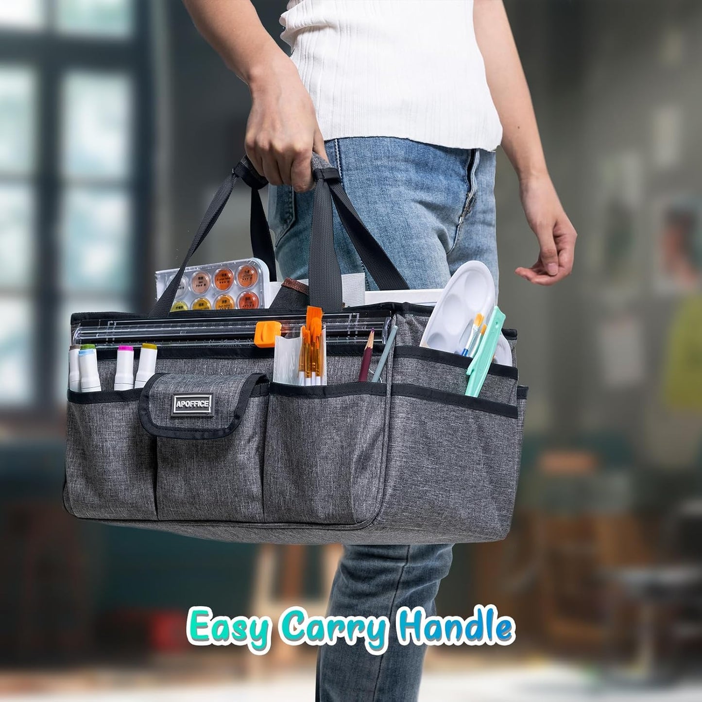 Art Supply Organizer Tote Bag – Craft Caddy with Handle, Utility Storage Tote with Multiple Pockets & Adjustable Divider for Stationary, Sewing, Scrapbooking, School, Office, Medical Supplies