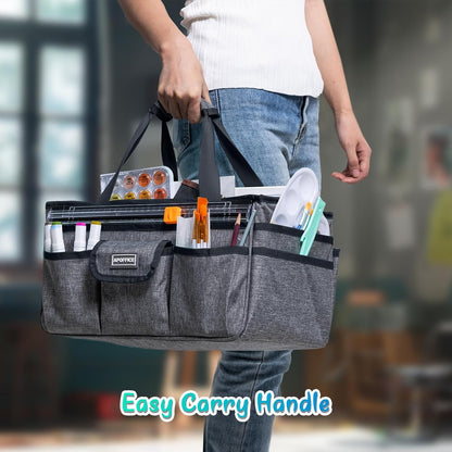 Art Supply Organizer Tote Bag – Craft Caddy with Handle, Utility Storage Tote with Multiple Pockets & Adjustable Divider for Stationary, Sewing, Scrapbooking, School, Office, Medical Supplies