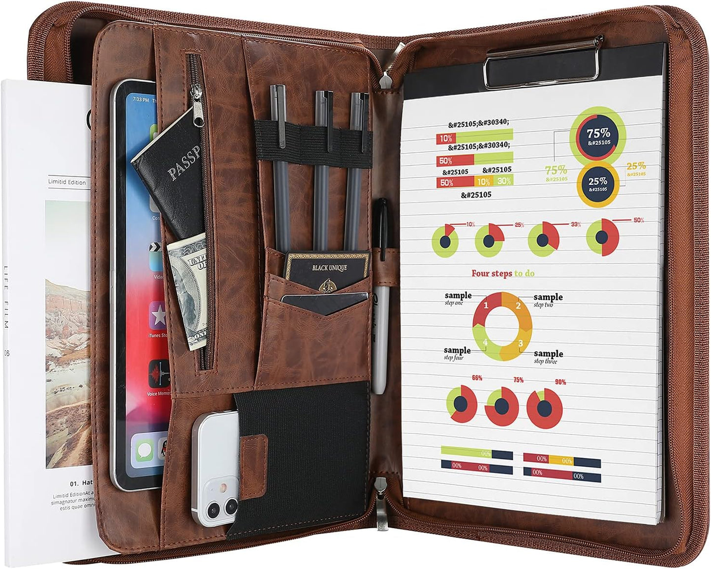 ProCase Portfolio Business Padfolio Folder with Zipper, Conference Meeting Executive File Legal Document Organizer with Pockets Letter Size A4 Writing Pad Notepad Padfolio -Black